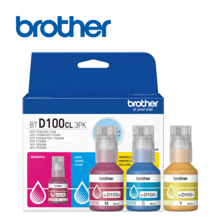 Tripack Botellas de Tinta Brother BTD100CL3PK (Cian/Magenta/Amarillo), 5000 Páginas (al 5%), Compatible con Serie T | BTD100CL3PK