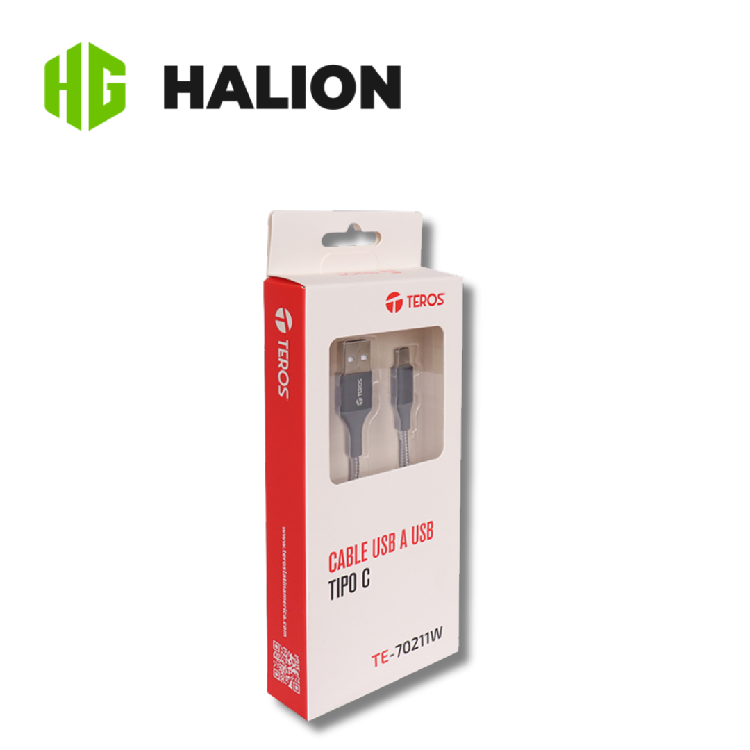 Cable USB Teros Tipo A a Tipo C, 3A y 60W Máx, Gris | TE-70211W