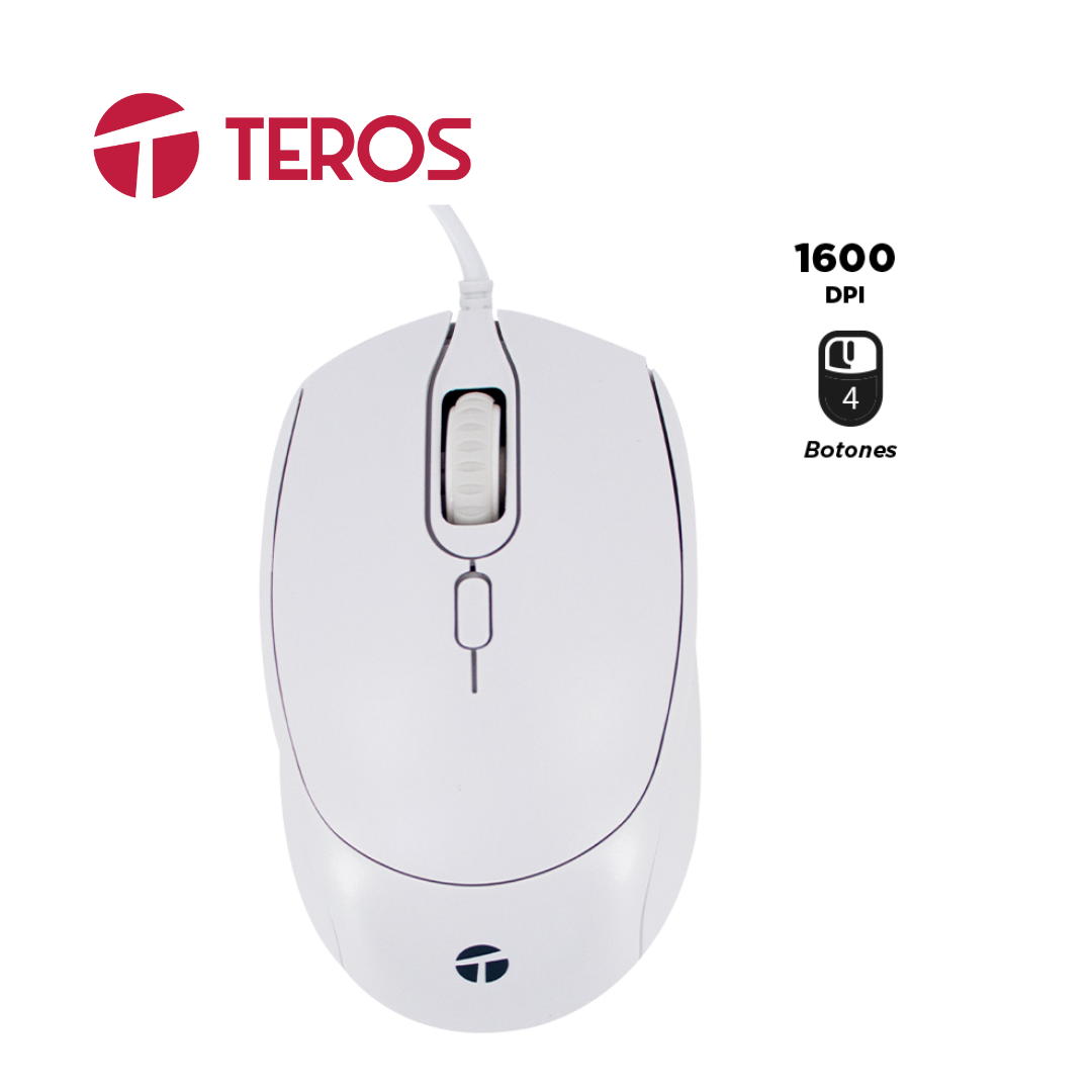 Mouse Óptico Teros 800-1200-1600 DPI, 4 Botones, Blanco | TE-1225S