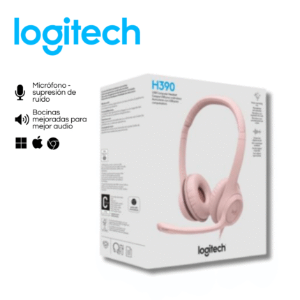 Audífono c/micrófono Logitech H390, USB, cancelación de ruido, rosado | 981-001280